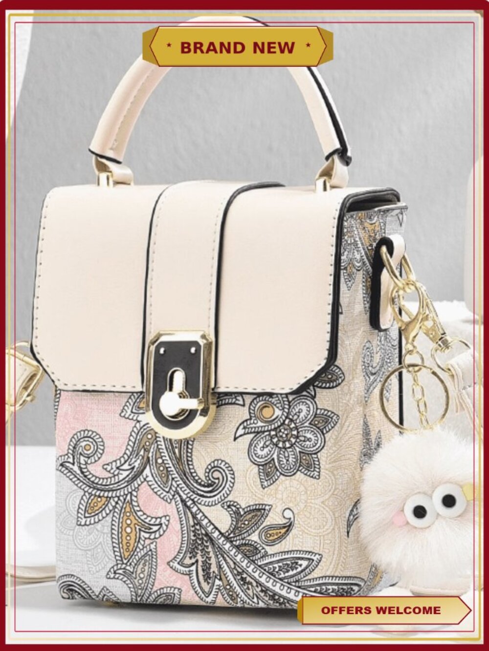 Women's PU Leather Embroidery Crossbody Bag with Plush Pendant, Mini Phone Purse